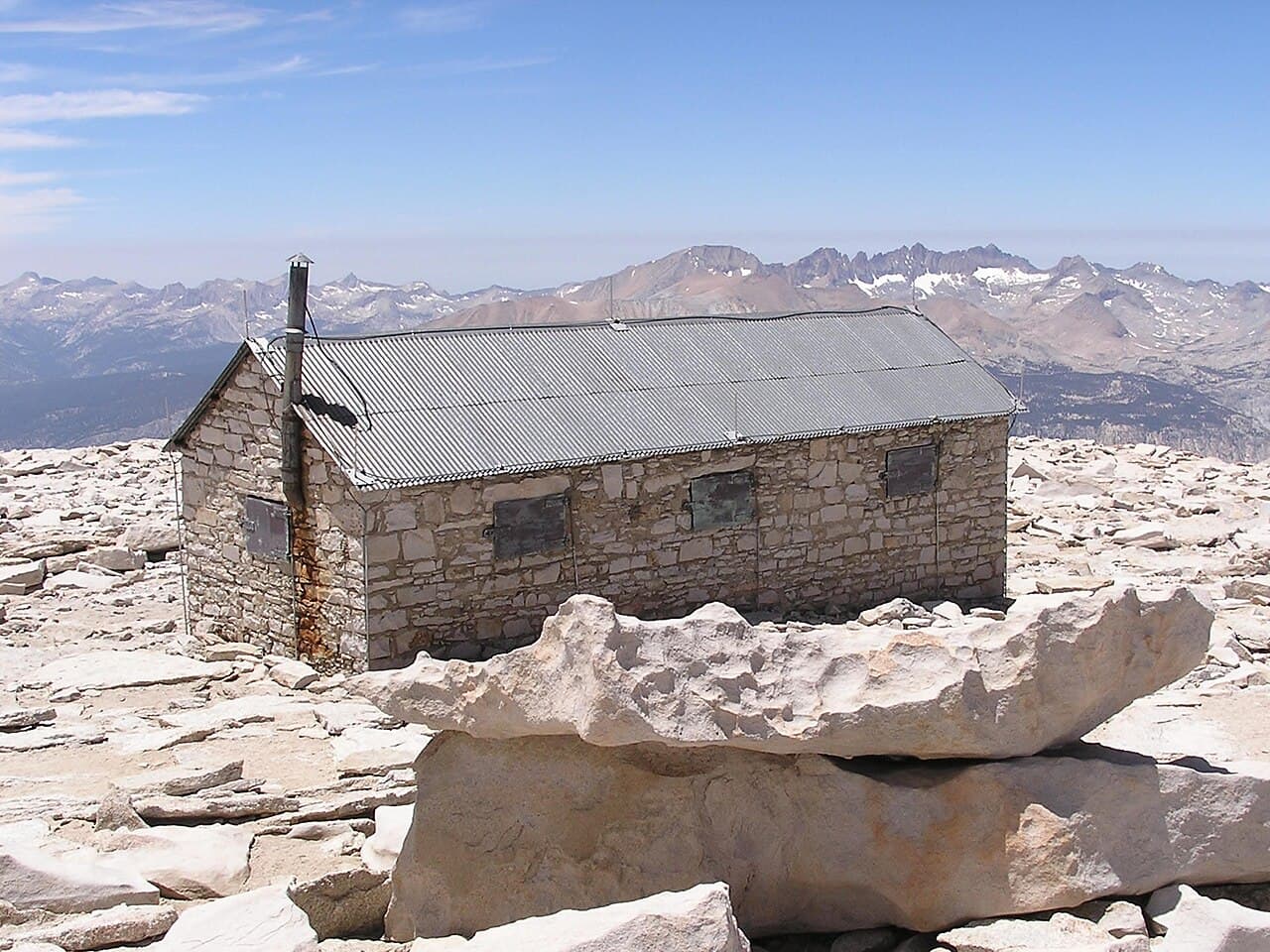 The stone Smithsonian hut on the summit of Mount Whitney