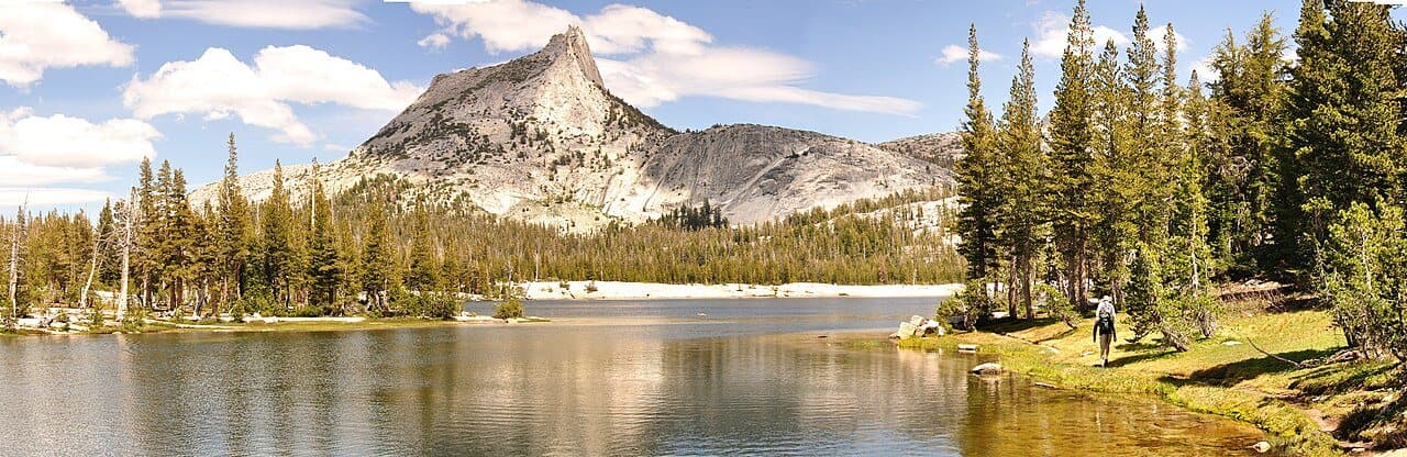 Cathedral Peak rising over Upper Cathedral Lake in Yosemite