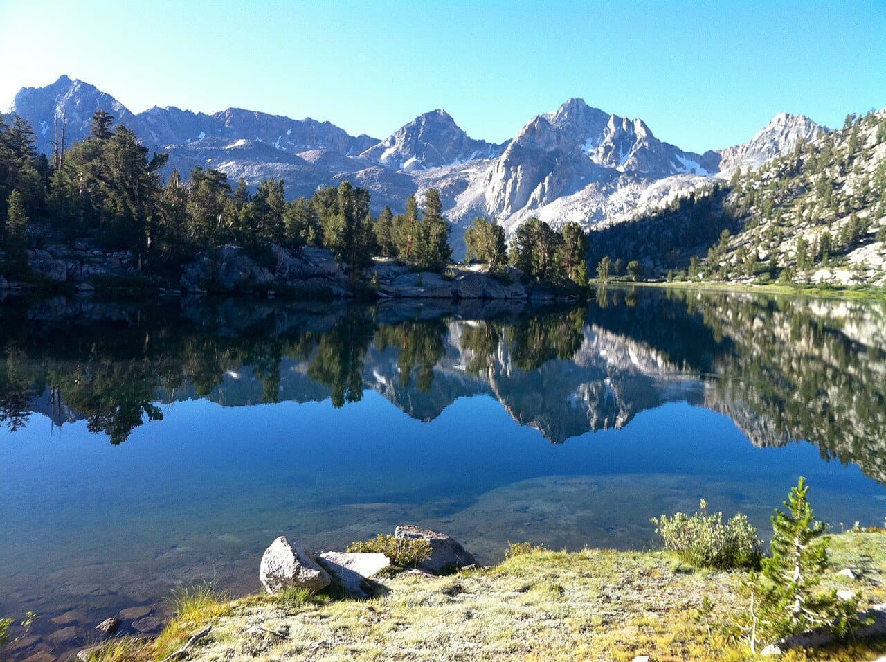 Peaks reflected in one of the Rae Lakes