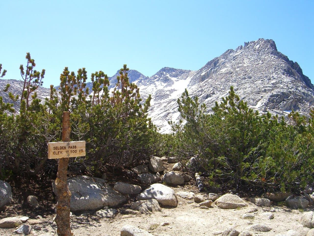 The Selden Pass sign on the John Muir Trail