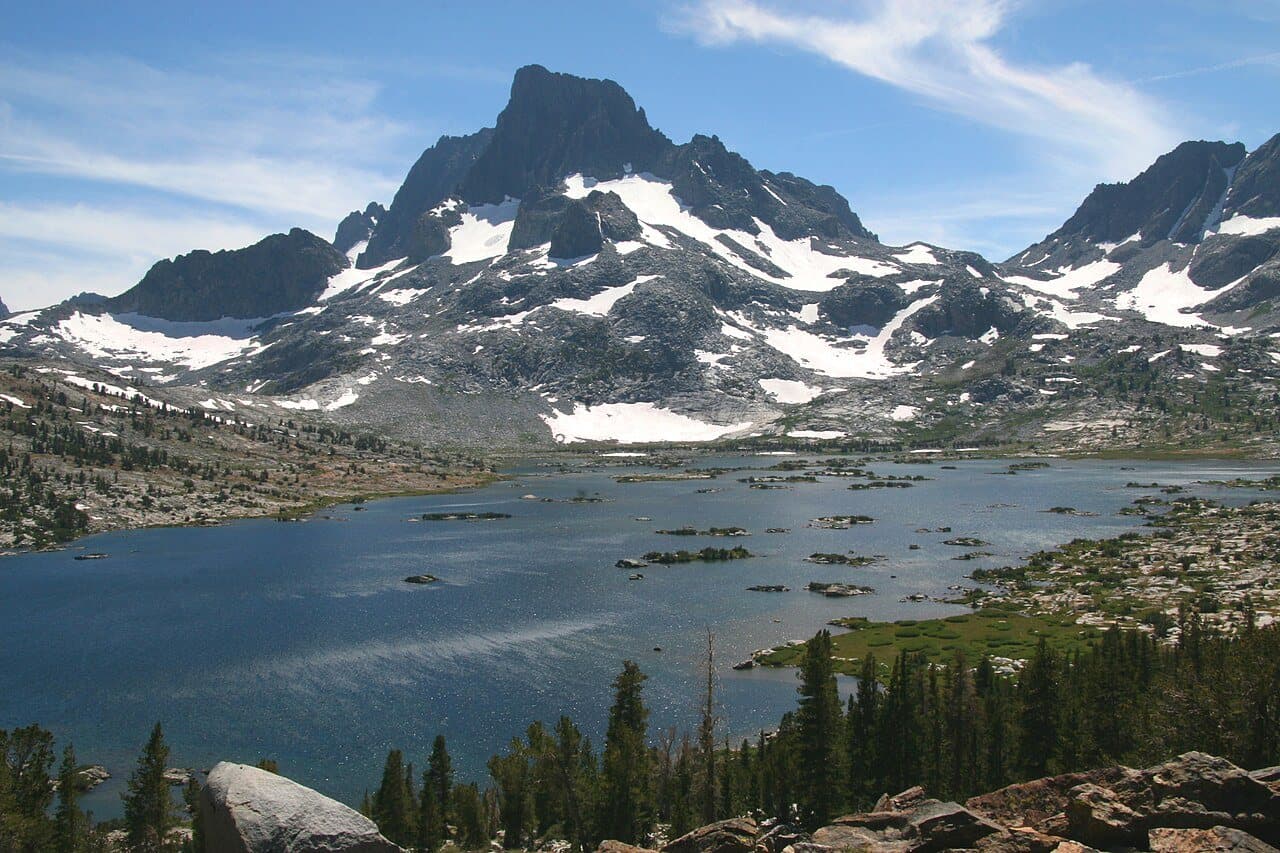 Thousand Island Lake and its islands below Banner Peak