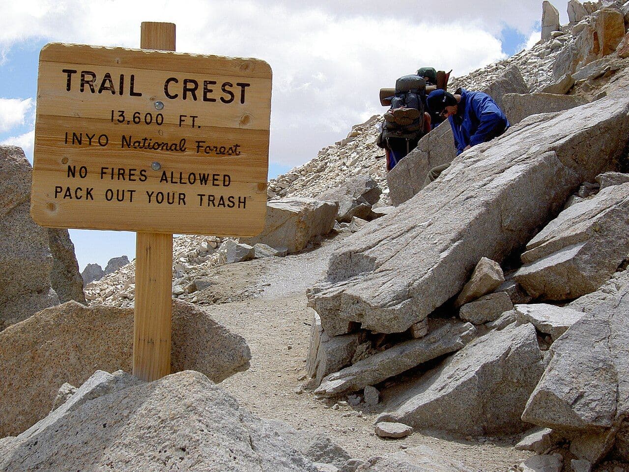 The Trail Crest sign at 13,600 feet on the Mount Whitney Trail