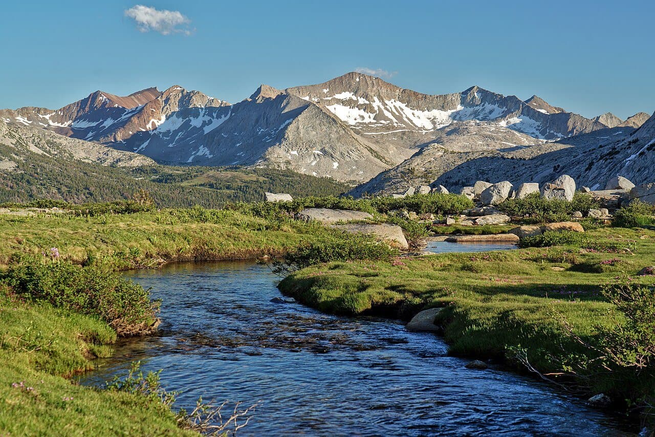 A creek winding through the Upper Basin south of Mather Pass