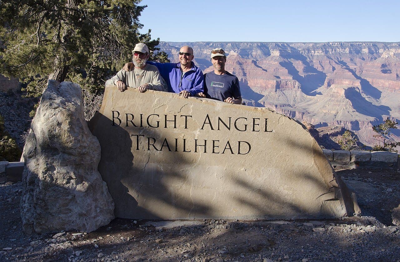 The carved sandstone Bright Angel Trailhead sign on the South Rim