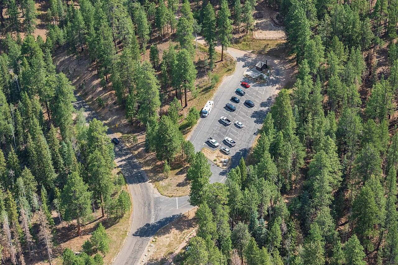 Aerial view of the North Kaibab Trailhead in the pine forest