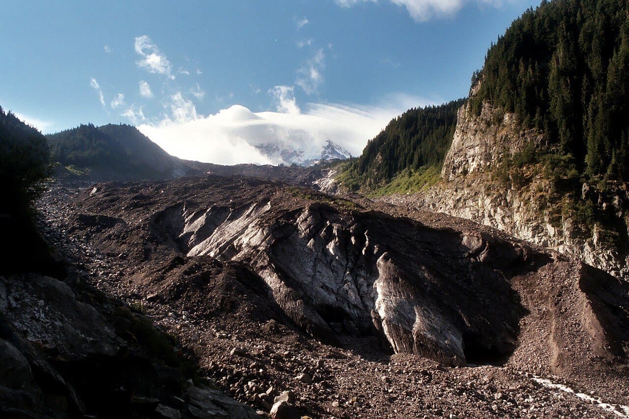 The rock-covered snout of the Carbon Glacier