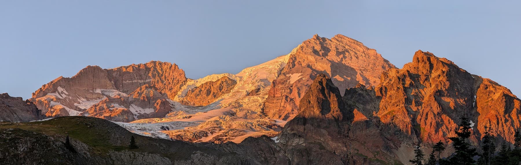 Mount Rainier and the Tahoma Glacier at sunset from Emerald Ridge