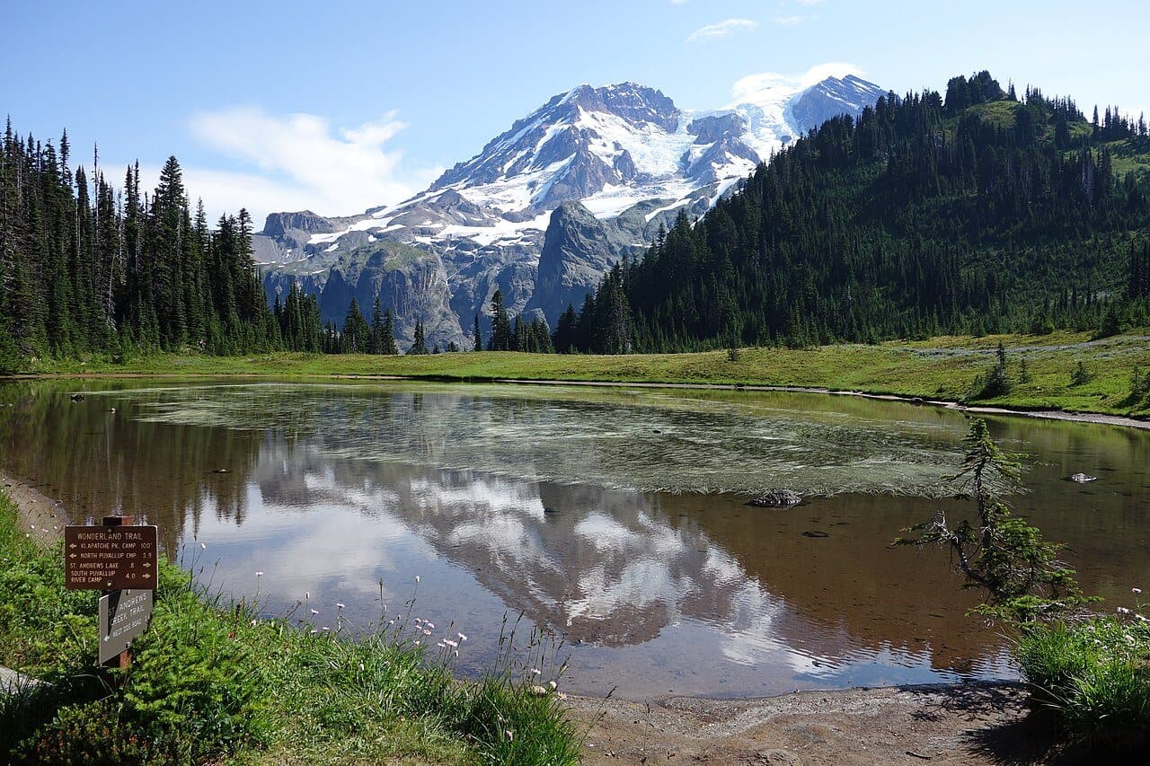Aurora Lake in Klapatche Park reflecting Mount Rainier