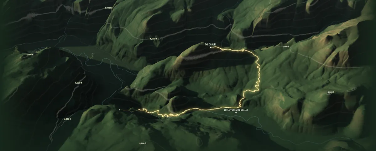 Three-dimensional relief of the Half Dome Day Hike from Vernal Fall Footbridge to The Cables, the trail in gold over the terrain, lakes and contours, with Little Yosemite Valley and The Cables named