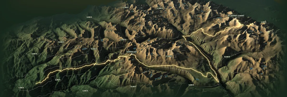 Three-dimensional relief of the High Sierra Trail from Crescent Meadow to Whitney Portal, the trail in gold over the terrain, lakes and contours, with Kaweah Gap and Mount Whitney Summit named