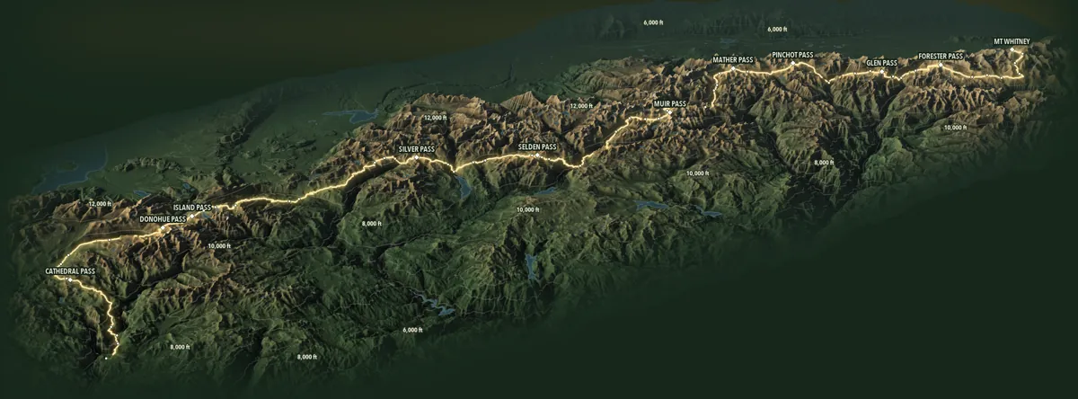 Three-dimensional relief of the John Muir Trail from Happy Isles to Mount Whitney, the trail in gold over the terrain, lakes and contours, with Cathedral Pass, Donohue Pass, Island Pass, Silver Pass, Selden Pass, Muir Pass, Mather Pass, Pinchot Pass, Glen Pass, Forester Pass and Mount Whitney named