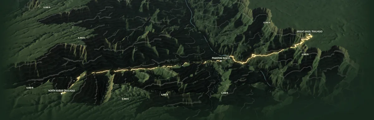 Three-dimensional relief of the Grand Canyon Rim-to-Rim from North Kaibab Trailhead to Bright Angel Trailhead, the trail in gold over the terrain, lakes and contours, with North Kaibab Trailhead, Phantom Ranch and Bright Angel Trailhead named