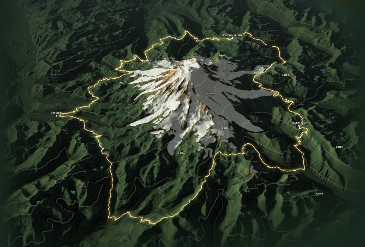 Three-dimensional relief of the Wonderland Trail round the loop from Longmire, the trail in gold over the terrain, lakes and contours, with Longmire, Mowich Lake Camp and Sunrise Camp named